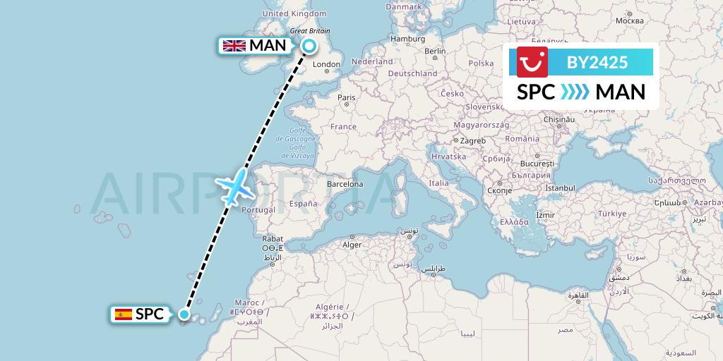 BY2425 TUI Airways Flight Map: La Palma to Manchester