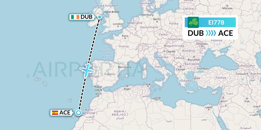 EI778 Aer Lingus Flight Map: Dublin to Lanzarote