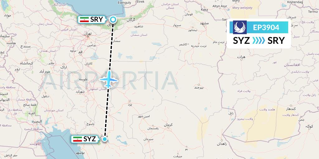 EP3904 Iran Aseman Airlines Flight Map: Shiraz to Sari
