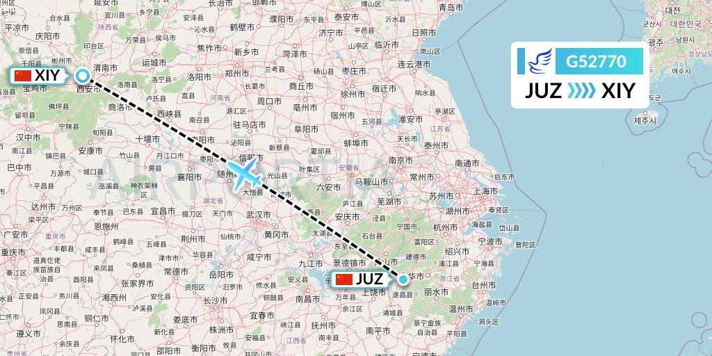 G52770 China Express Airlines Flight Map: Quzhou to Xi'an