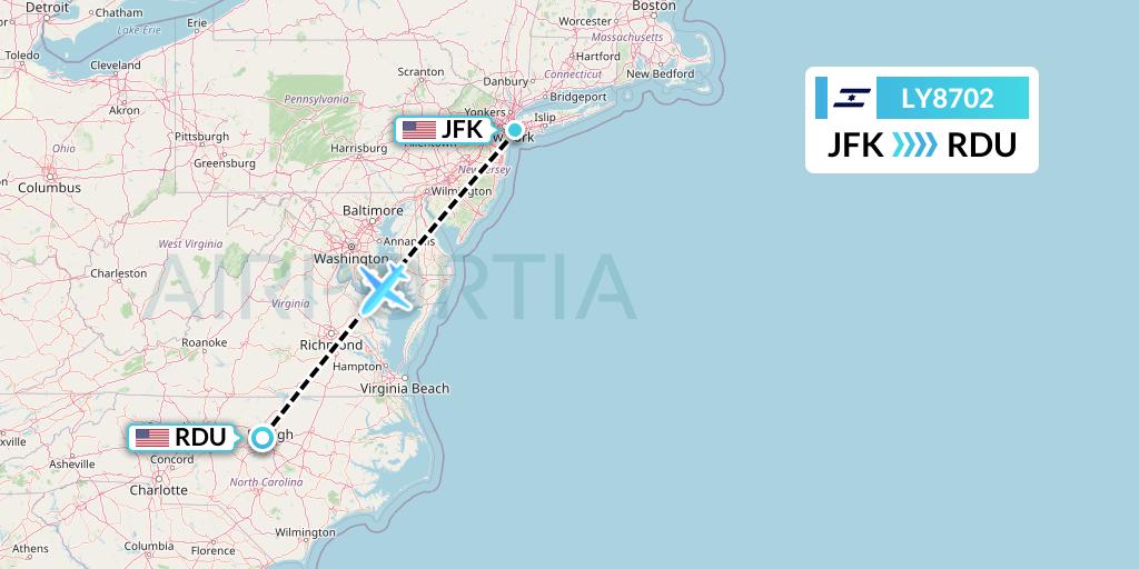 LY8702 El Al Flight Map: New York to Raleigh-Durham