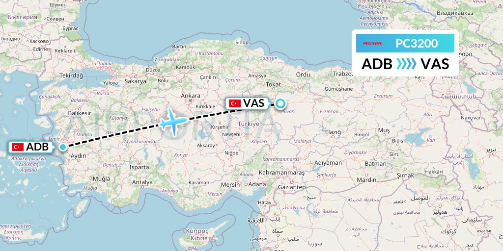 PC3200 Pegasus Airlines Flight Map: Izmir to Sivas