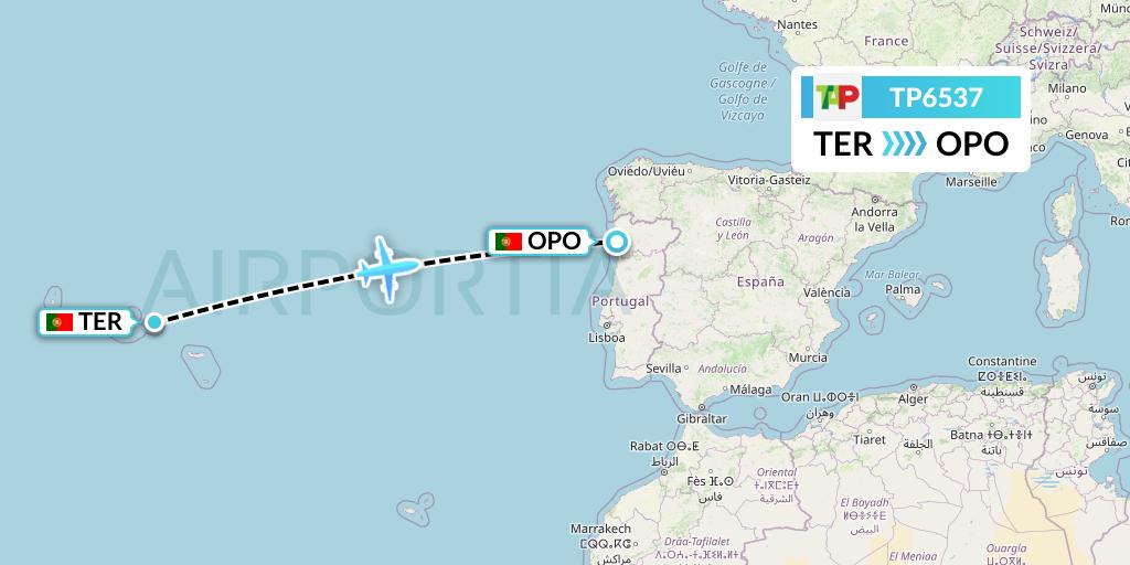 TP6537 TAP Portugal Flight Map: Lajes to Porto