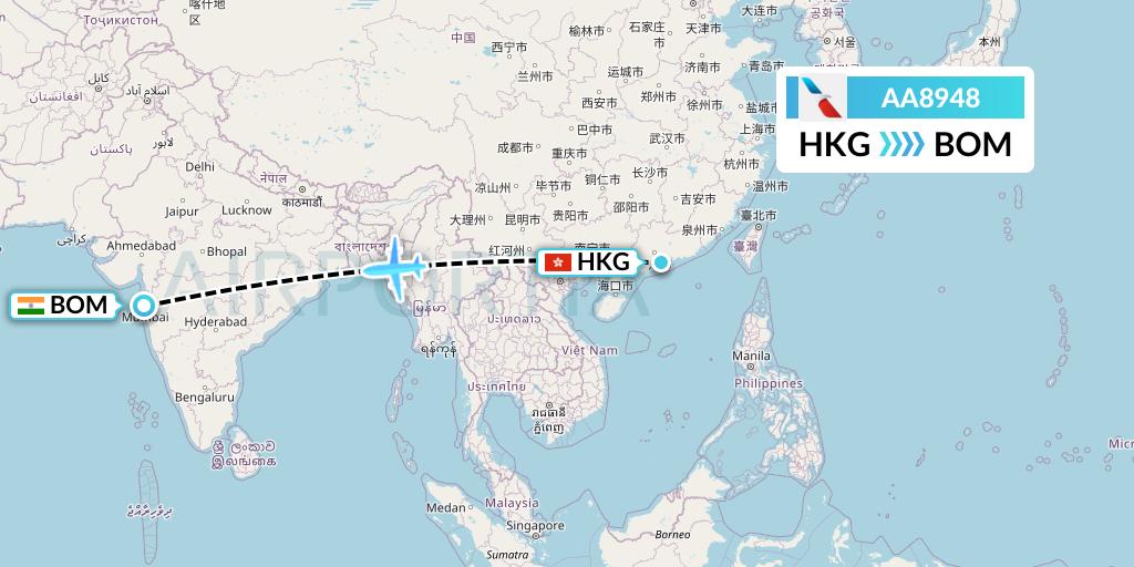AA8948 American Airlines Flight Map: Hong Kong to Mumbai