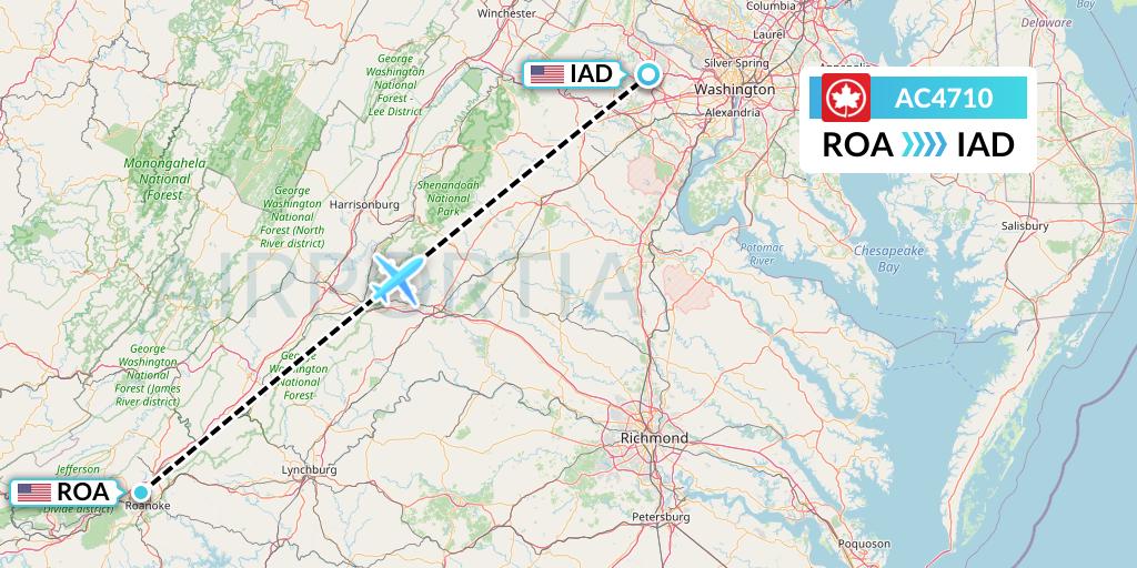 AC4710 Air Canada Flight Map: Roanoke to Washington