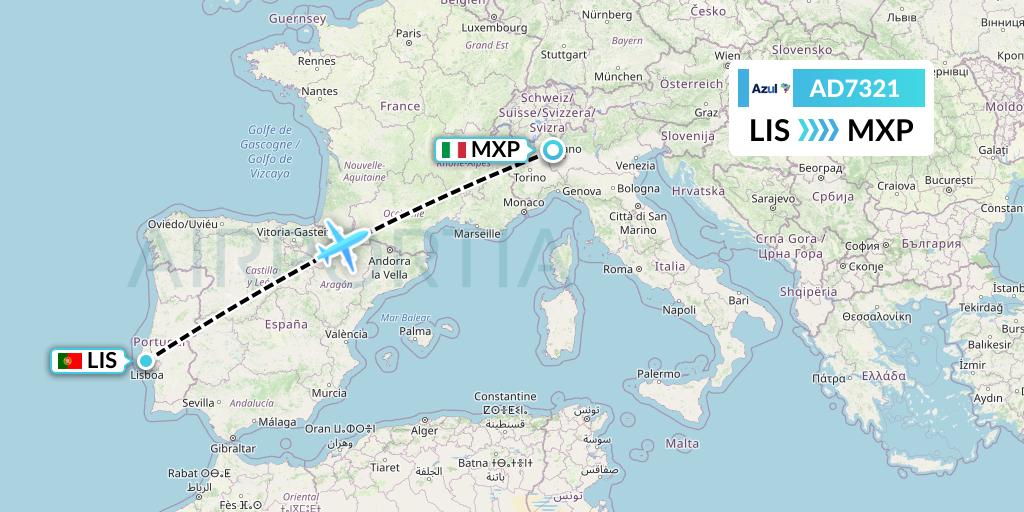 AD7321 Azul Brazilian Airlines Flight Map: Lisbon to Milan