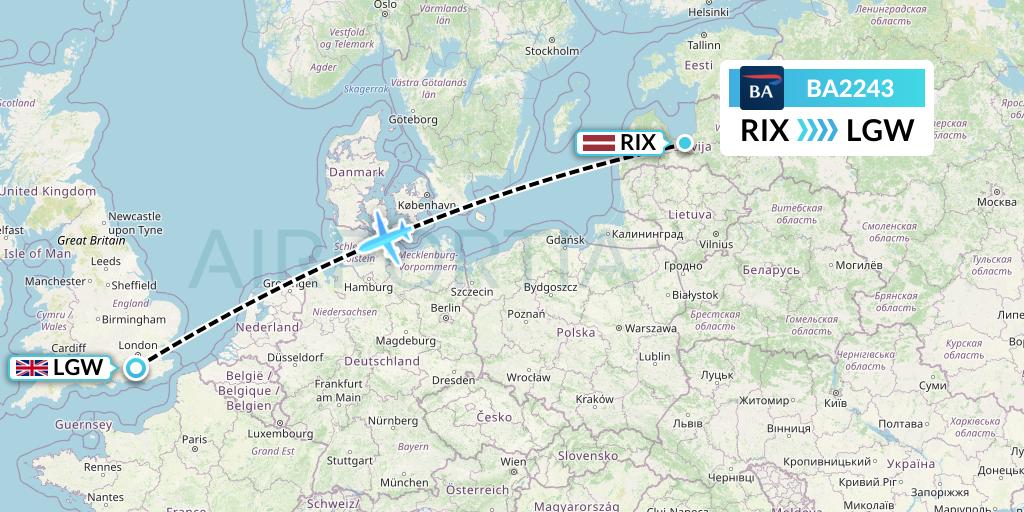 BA2243 British Airways Flight Map: Riga to London