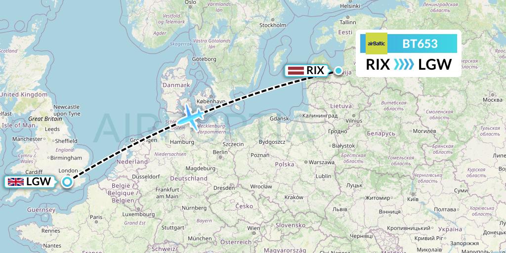 BT653 Air Baltic Flight Map: Riga to London