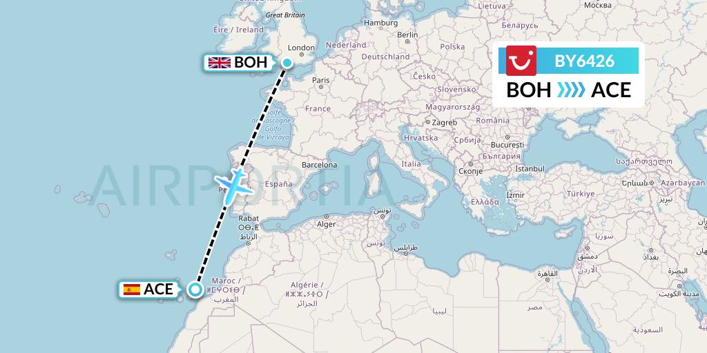 BY6426 TUI Airways Flight Map: Bournemouth to Lanzarote
