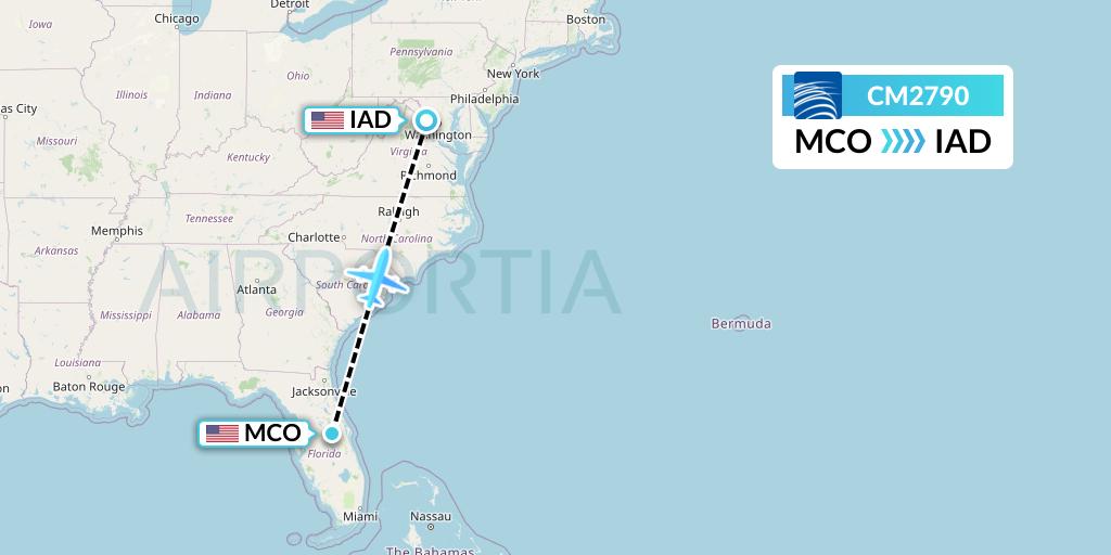 CM2790 Copa Airlines Flight Map: Orlando to Washington