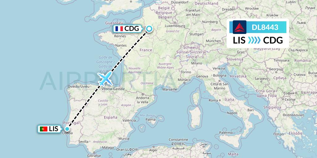 DL8443 Delta Air Lines Flight Map: Lisbon to Paris