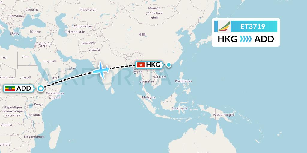 ET3719 Ethiopian Airlines Flight Map: Hong Kong to Addis Ababa