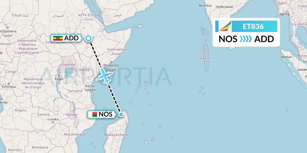 ET836 Ethiopian Airlines Flight Map: Nosy Be to Addis Ababa