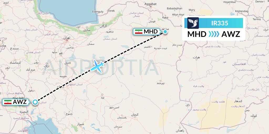 IR335 Iran Air Flight Map: Mashhad to Ahvaz