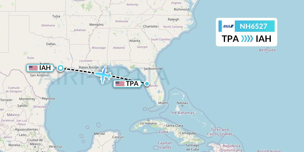 NH6527 All Nippon Airways Flight Map: Tampa to Houston