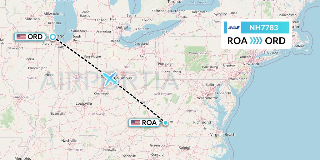 NH7783 All Nippon Airways Flight Map: Roanoke to Chicago