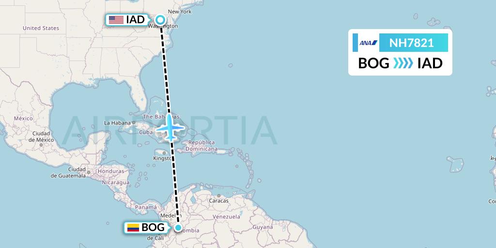 NH7821 All Nippon Airways Flight Map: Bogota to Washington