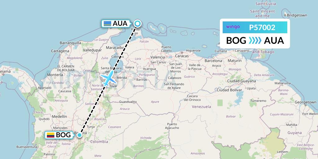 P57002 Copa Airlines Colombia Flight Map: Bogota to Oranjestad