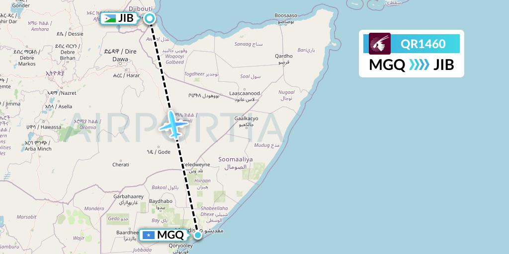 QR1460 Qatar Airways Flight Map: Mogadishu to Djibouti