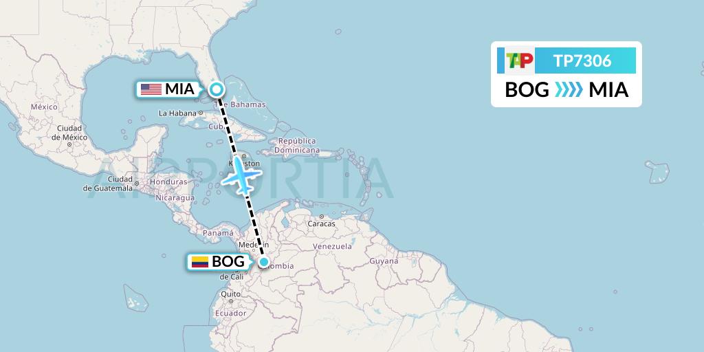 TP7306 TAP Portugal Flight Map: Bogota to Miami