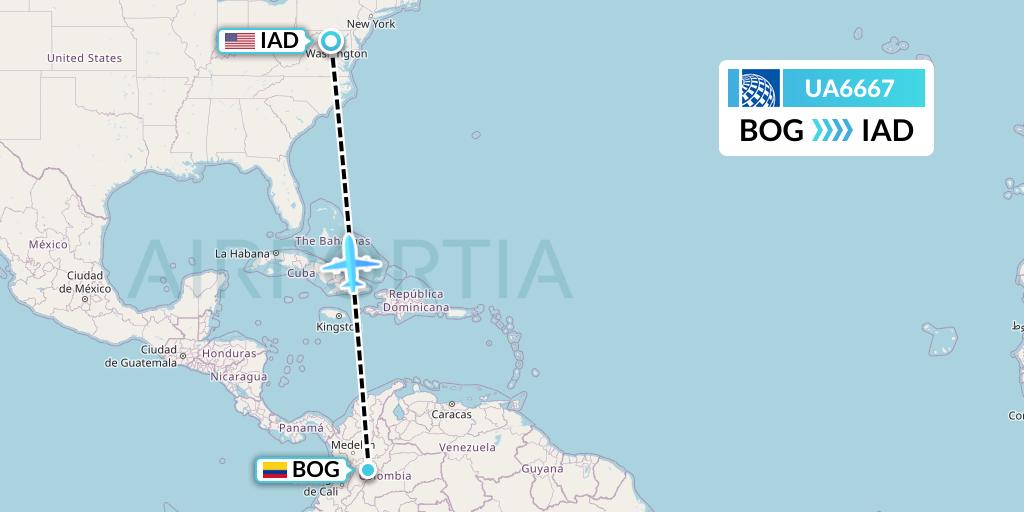 UA6667 United Airlines Flight Map: Bogota to Washington
