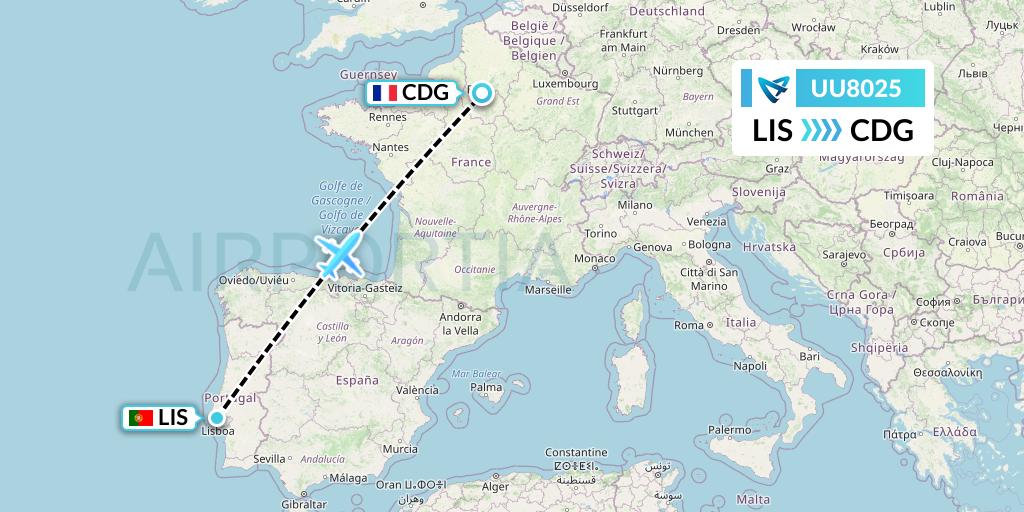 UU8025 Air Austral Flight Map: Lisbon to Paris