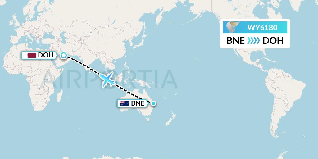 WY6180 Oman Air Flight Map: Brisbane to Doha
