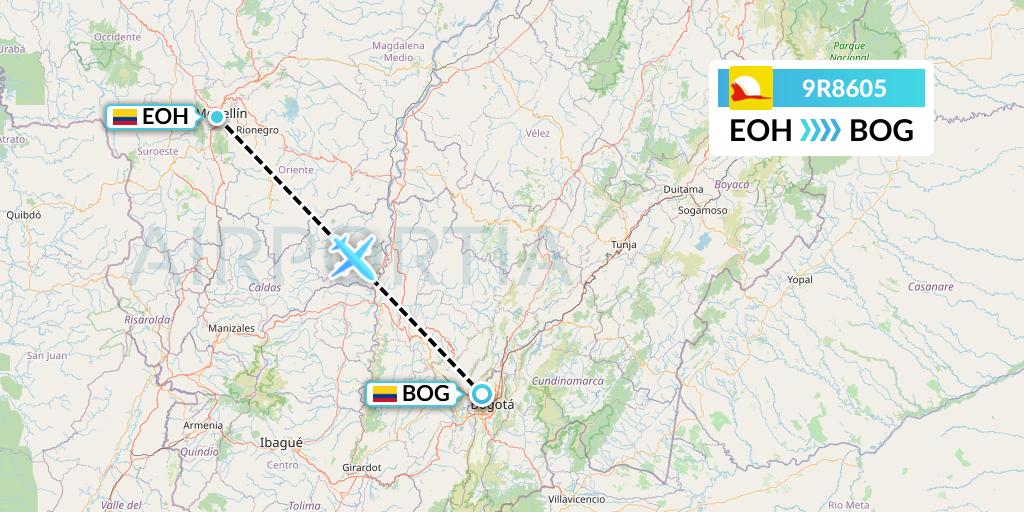 9R8605 Satena Flight Map: Medellin to Bogota