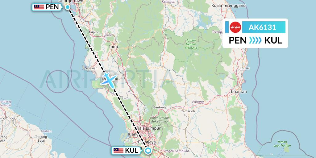 AK6131 AirAsia Flight Map: Penang to Kuala Lumpur