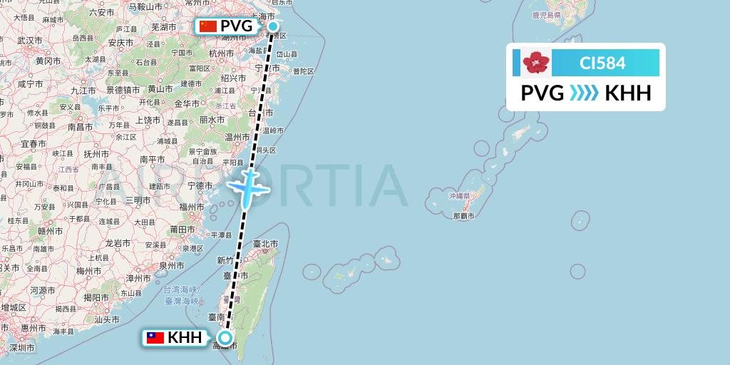 CI584 China Airlines Flight Map: Shanghai to Kaohsiung