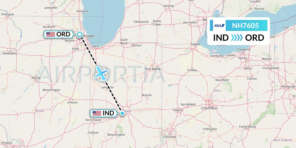 NH7605 All Nippon Airways Flight Map: Indianapolis to Chicago