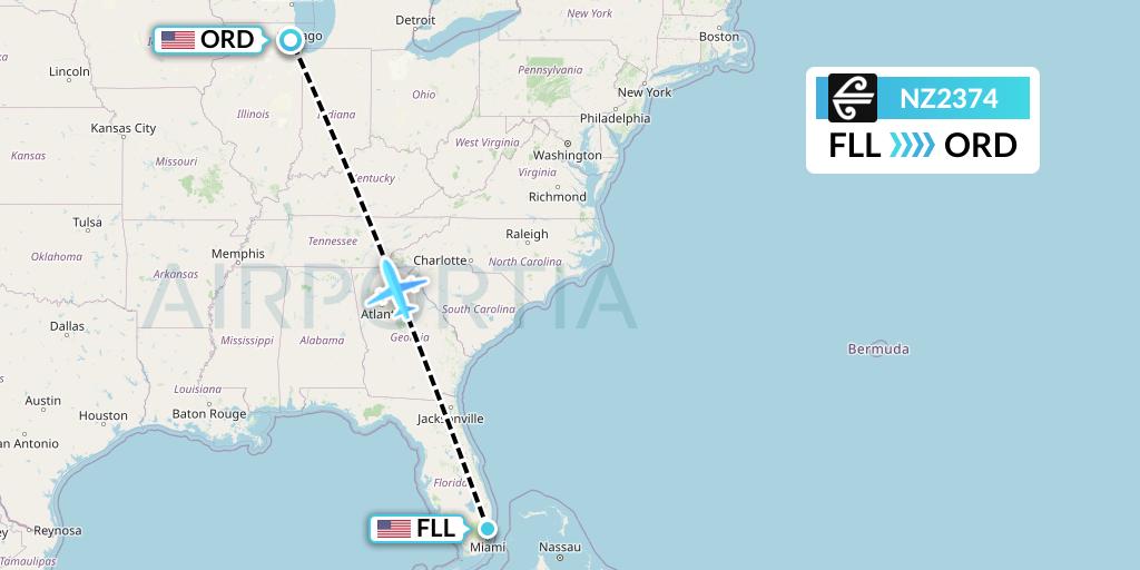 NZ2374 Air New Zealand Flight Map: Fort Lauderdale to Chicago