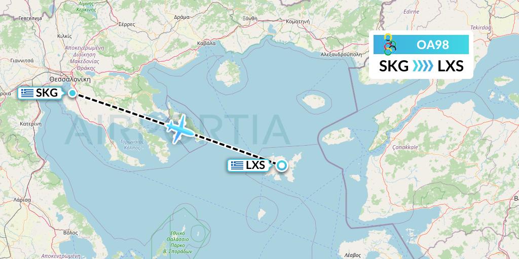 OA98 Olympic Air Flight Map: Thessaloniki to Lemnos