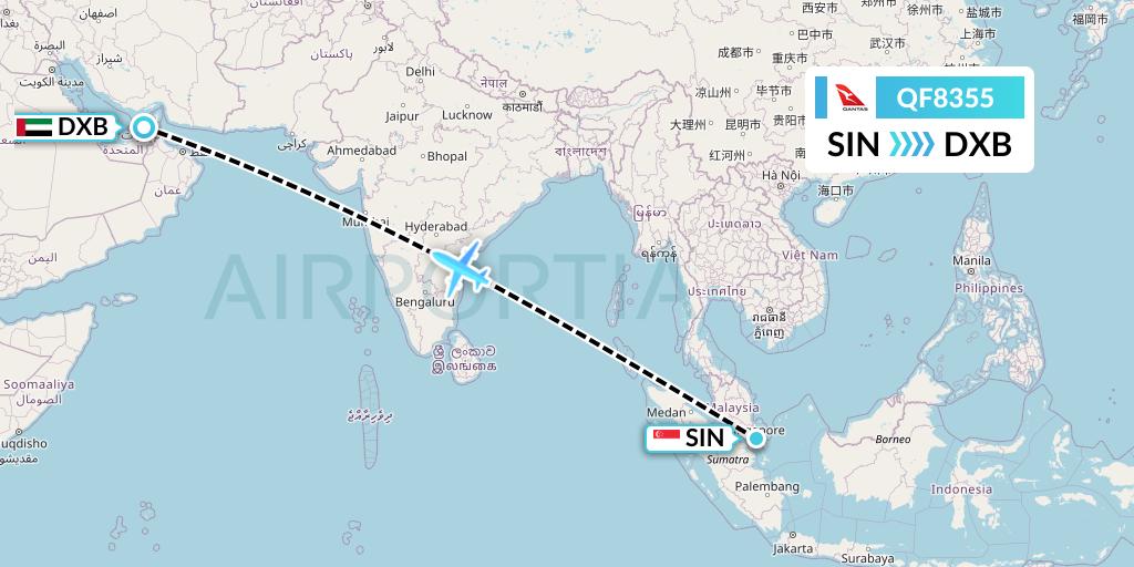 QF8355 Qantas Flight Map: Singapore to Dubai