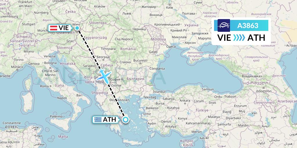 A3863 Aegean Airlines Flight Map: Vienna to Athens