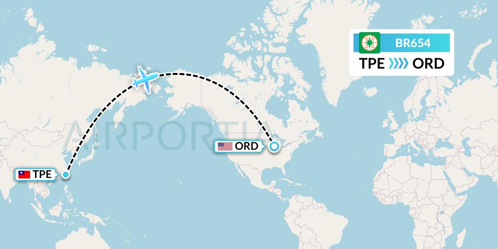 BR654 EVA Air Flight Map: Taipei to Chicago