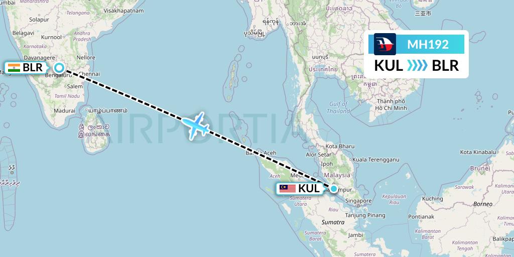 MH192 Malaysia Airlines Flight Map: Kuala Lumpur to Bangalore