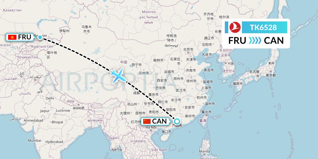 TK6528 Turkish Airlines Flight Map: Bishkek to Guangzhou