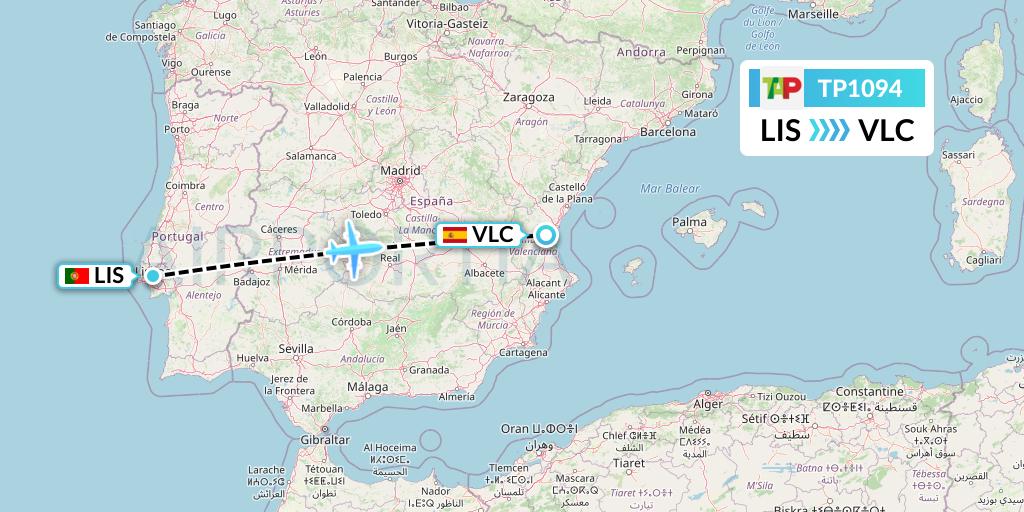 TP1094 TAP Portugal Flight Map: Lisbon to Valencia