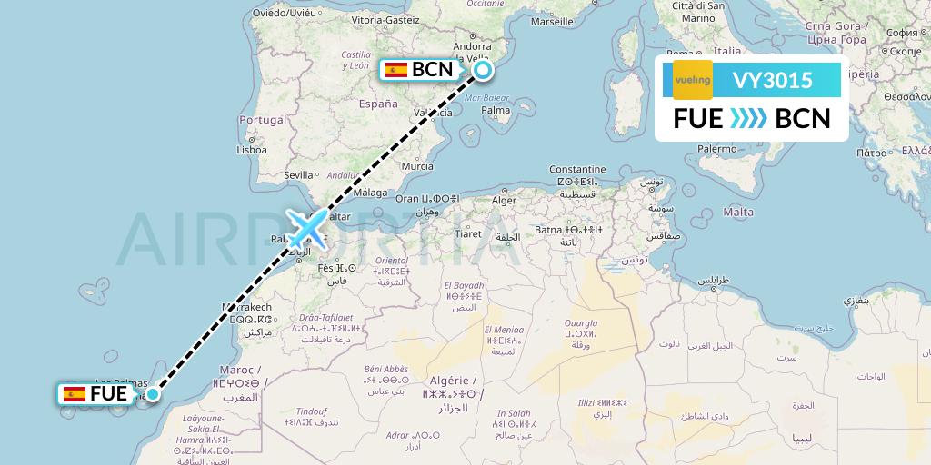 VY3015 Vueling Flight Map: Fuerteventura to Barcelona