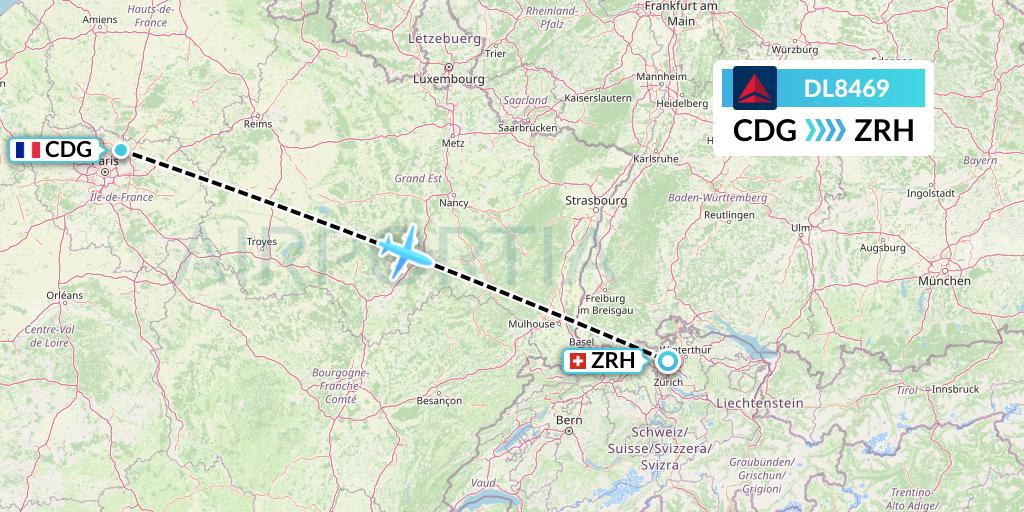 DL8469 Delta Air Lines Flight Map: Paris to Zurich