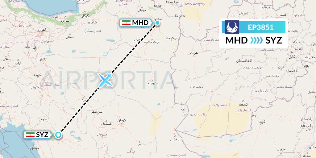 EP3851 Iran Aseman Airlines Flight Map: Mashhad to Shiraz