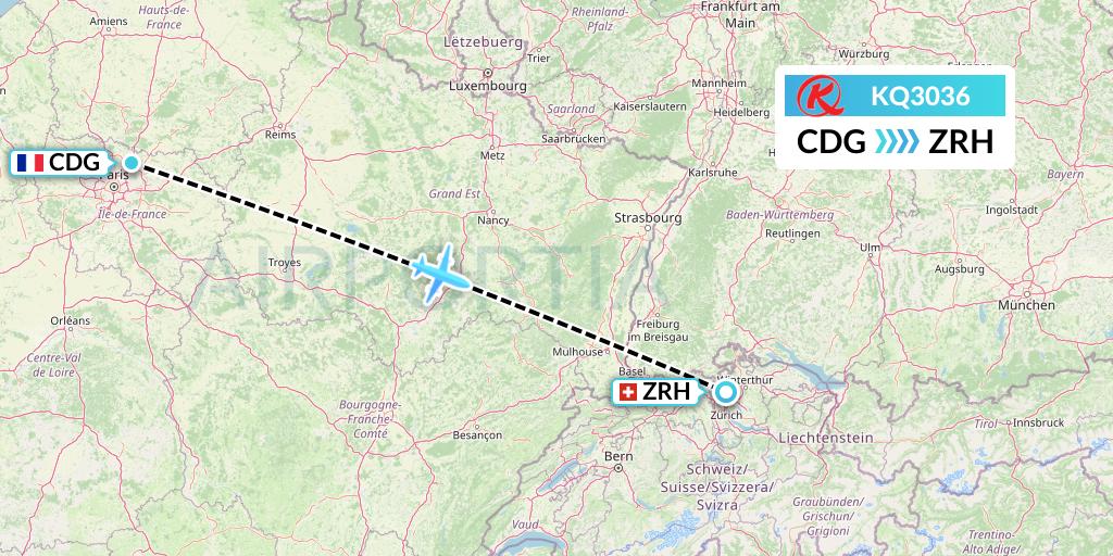 KQ3036 Kenya Airways Flight Map: Paris to Zurich