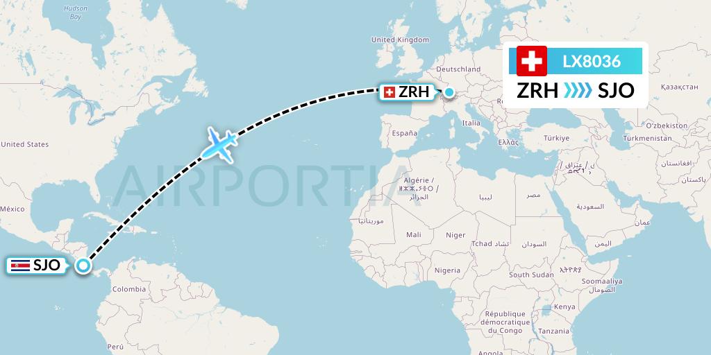 LX8036 Swiss Flight Map: Zurich to San Jose
