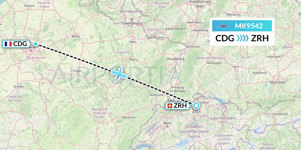 MK9542 Air Mauritius Flight Map: Paris to Zurich