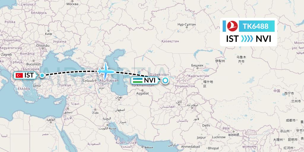 TK6488 Turkish Airlines Flight Map: Istanbul to Navoiy