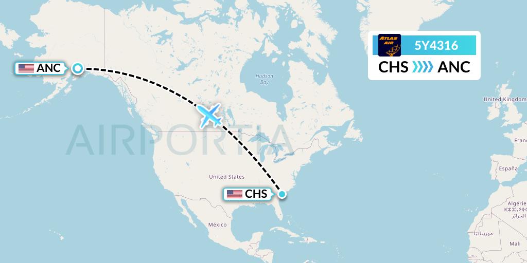 5Y4316 Atlas Air Flight Map: Charleston to Anchorage