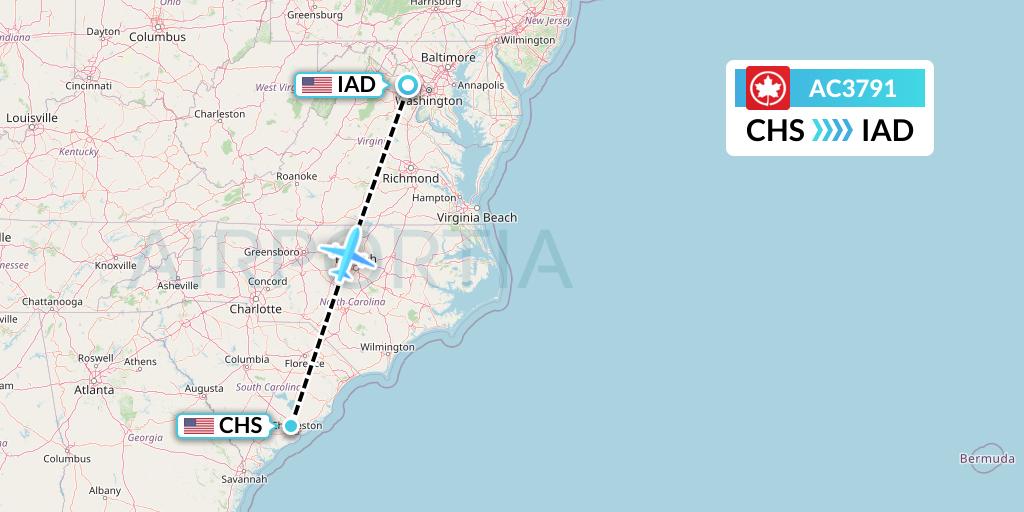 AC3791 Air Canada Flight Map: Charleston to Washington