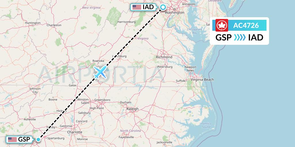 AC4726 Air Canada Flight Map: Greenville-Spartanburg to Washington