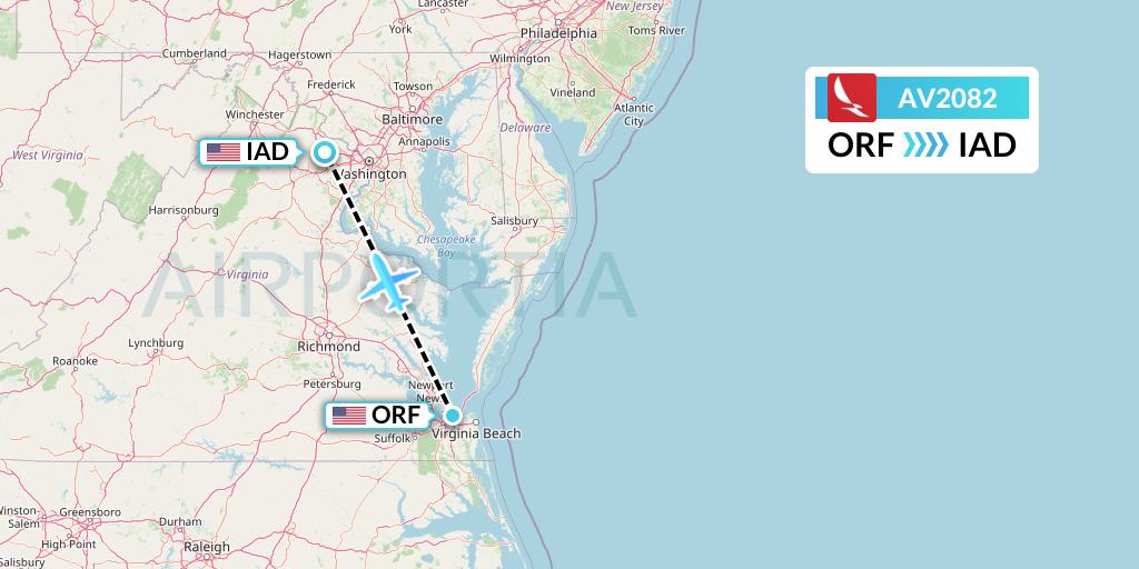 AV2082 Avianca Flight Map: Norfolk to Washington